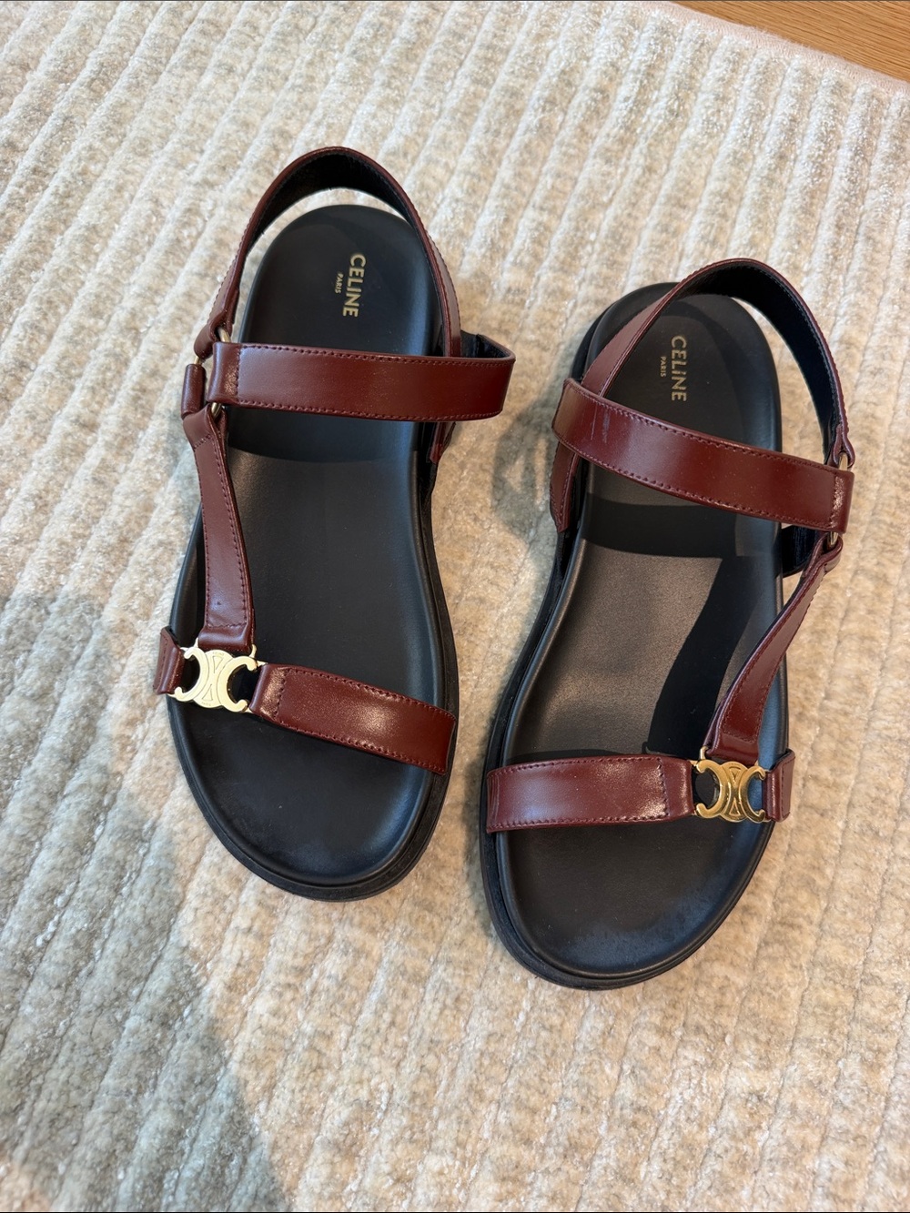 Celine Burgundy Brown Leather T-Strap Sandals with Gold Hardware